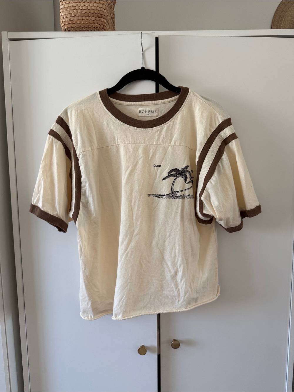 BOHEME GOODS / Cream Tee with Brown Trim & Palm Graphic